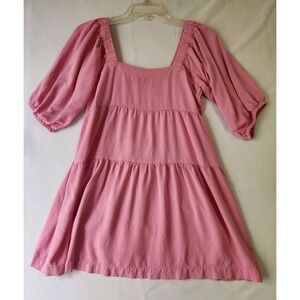 Shinestar Pink Babydoll Mini‎ Dress Small Puff Sleeve Square Neck 100% Rayon